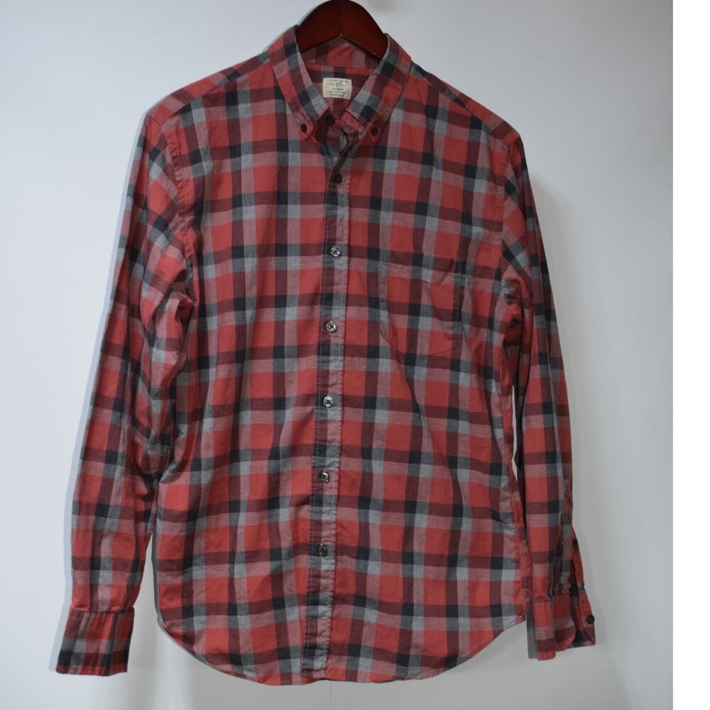 J.Crew Red Plaid Button Down Shirt Mens Medium Slim Fit 100% Cotton